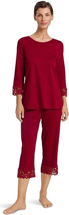 Hanro Moments Crop Pajama Set Women's Pajama Sets Red Dahlia : SM, Polyamide/Lace/Cotton