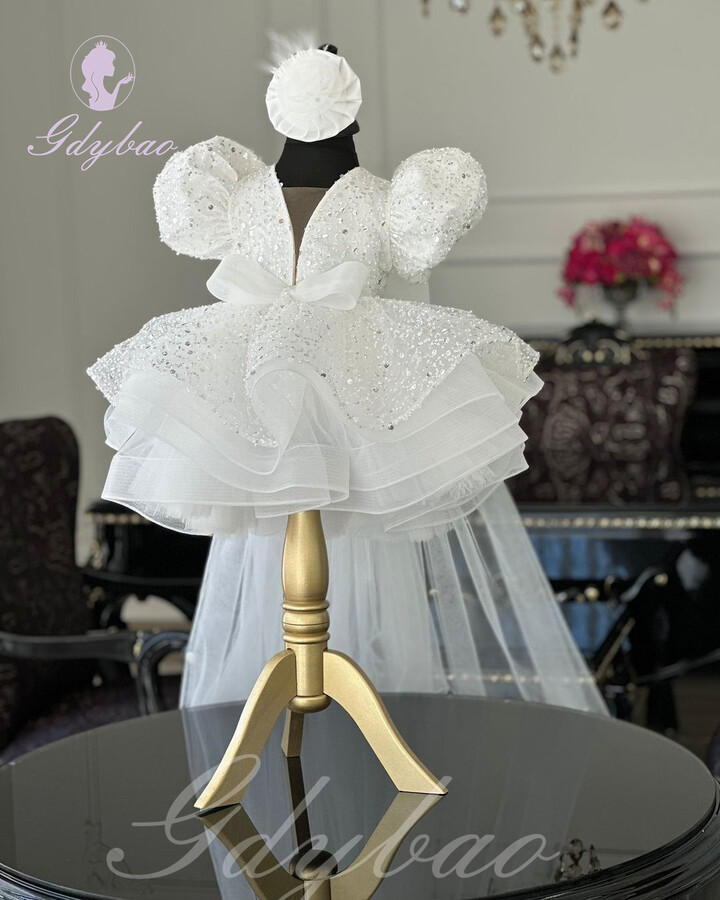 gdybao Elegant White Flower Girl Dress For Wedding Puffy Sequins Beaded Short Sleeves Tulle Kids Birthday Party First Communion Gown