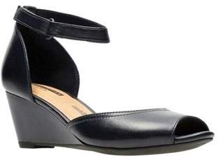 Clarks Women's Flores Raye Ankle Strap Wedge Navy Leather Size 6 M.