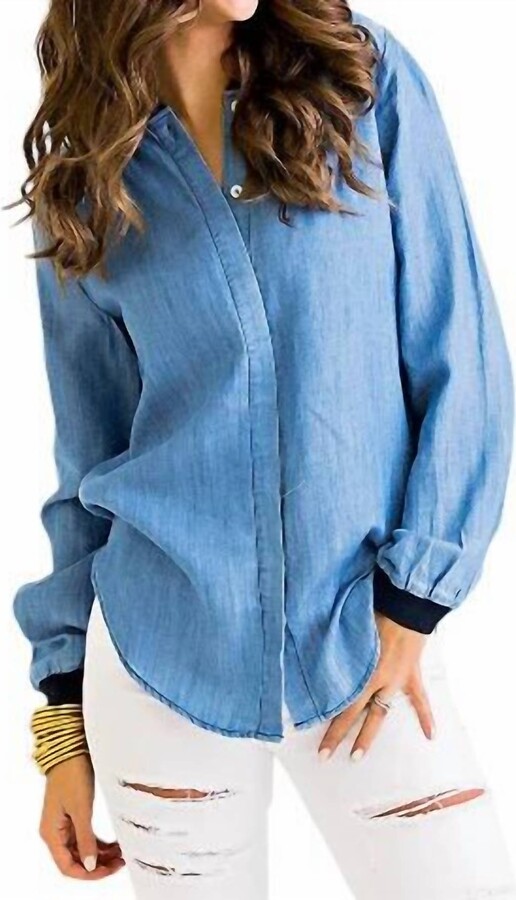 Karlie Tencel Button Front Top In Chambray