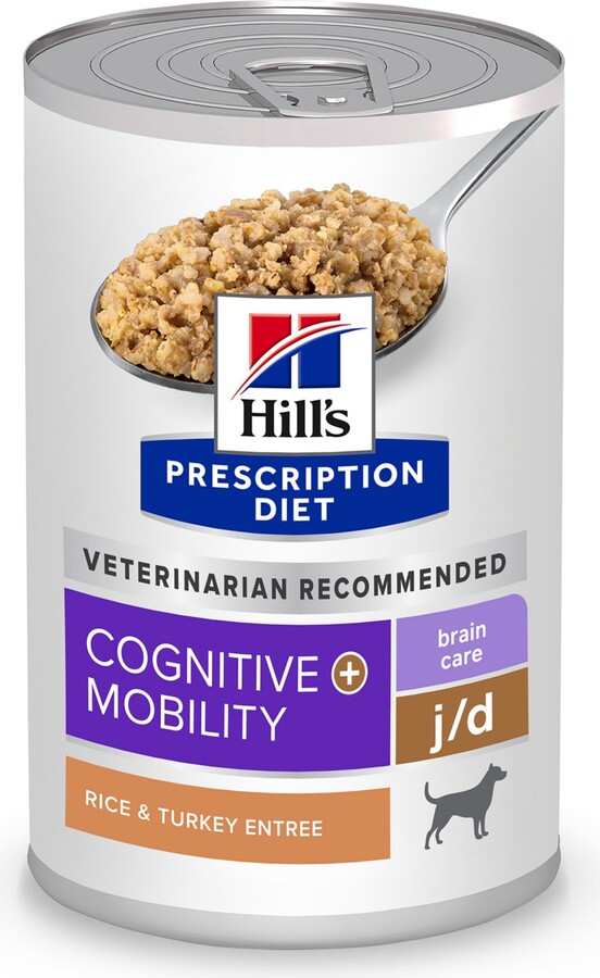 Hill's Prescription Diet Brain Care + j/d Joint Care Rice & Turkey Wet Dog Food, 13-oz can, case of 12