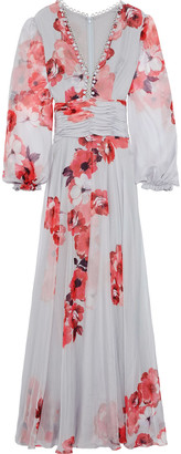 Costarellos Ruched Button-embellished Floral-print Chiffon Gown