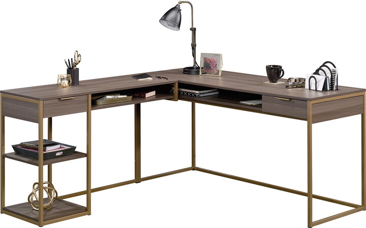 Sauder International Lux L Shaped Writing Desk in Diamond Ash and Gold