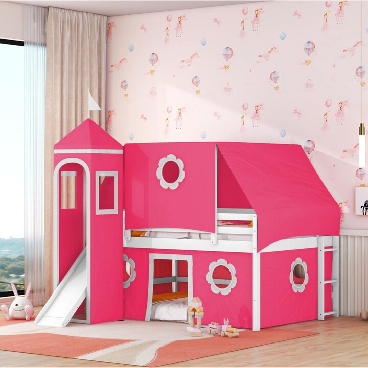 Streamdale Furniture Full Size Loft Bed with Slide Pink Tent and Tower