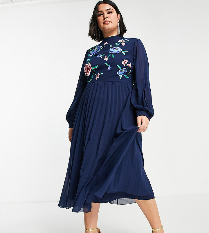 navy high neck midi dress