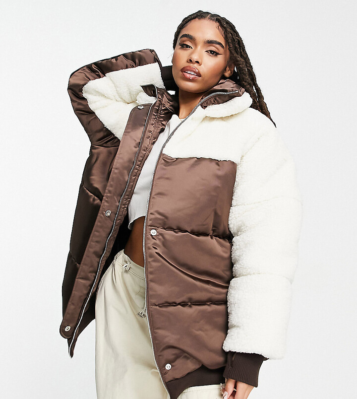 AsYou mixed borg midi puffer coat in chocolate - ShopStyle