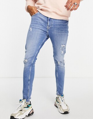 Bershka Skinny Jeans With Rips Blue - ShopStyle
