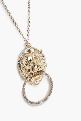 boohoo Lion Diamante Pendant Long Necklace