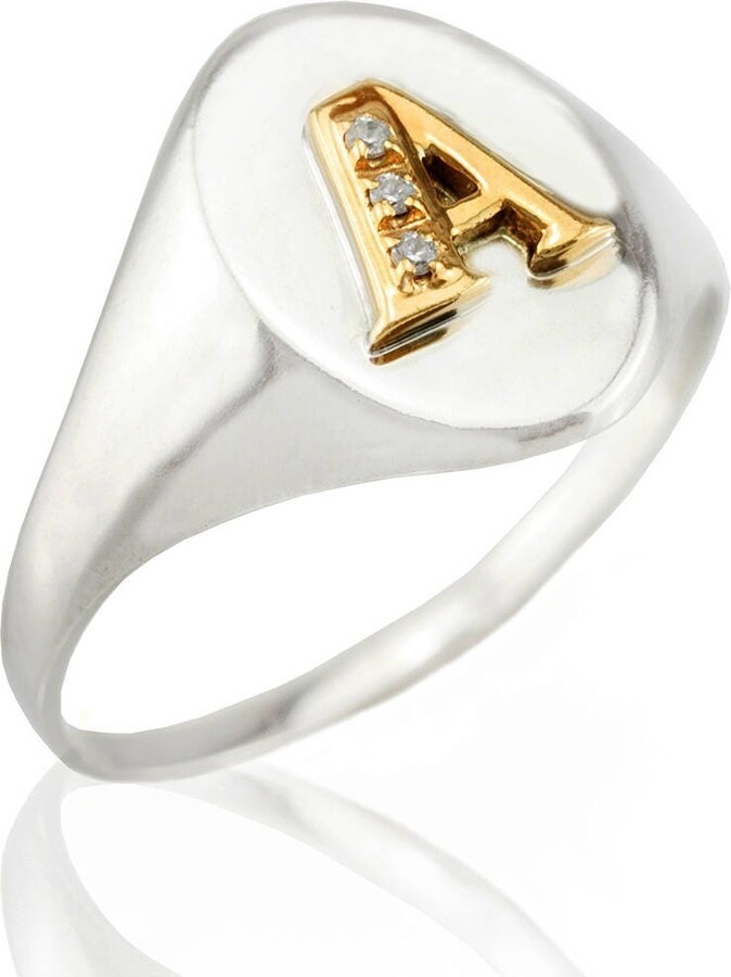 Etsy Personalized Sterling Silver Signet Ring 14K Gold Letter Cubic Zirconia