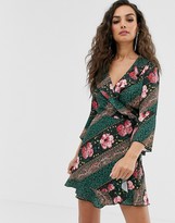 Thumbnail for your product : Outrageous Fortune ruffle wrap dress with fluted sleeve in scarf print