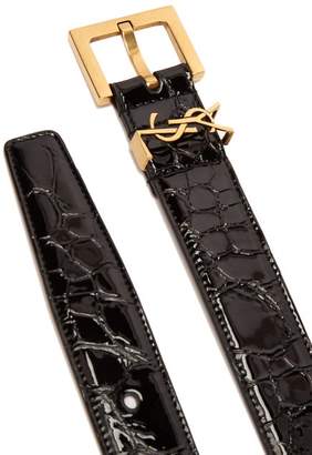 Saint Laurent Monogram Crocodile Effect Patent Leather Belt - Womens - Black