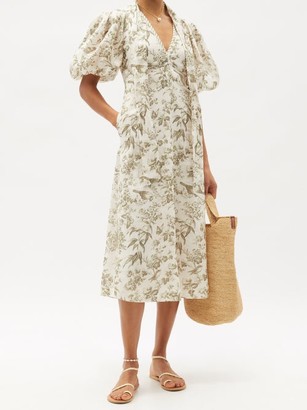 Zimmermann Puff-sleeve Bird-print Linen Midi Dress - White Print