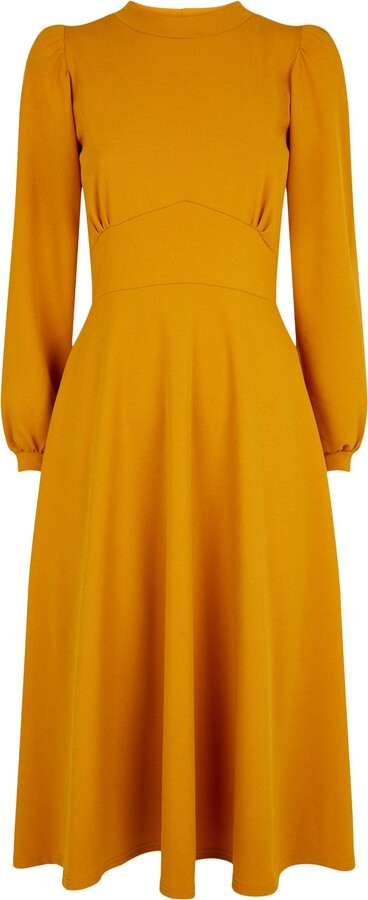 Missfiga Mustard Puff Sleeve Midi Skater Dress ShopStyle