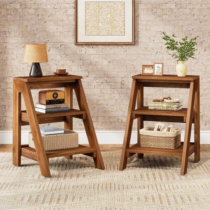 Tribesigns Solid Wood End Table Set of 2 3-Tier Farmhouse Side Table with Open Storage Shelves Rustic Nightstand for Living Room