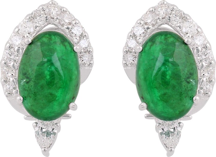 Spectrum Jewels 6.94 Carat Oval Natural Emerald Earrings 0.95 Carat Diamond 18 Karat White Gold