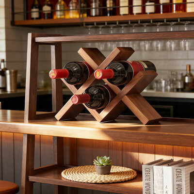 17 Stories Solid Oak Wood Countertop Wine Rack - Rustic Free-Standing Bottle Holder For Tabletop Kitchen Bar And Display No Assembly Required Holds 4 Standa
