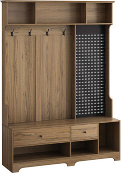 One Allium Way Multi-purpose Hallway Hall Tree with Removable Linen Cushioned Entryway Bench, Coat Rack, Storage Shelves, and DIY Pegboard,for Hallways, Living Room