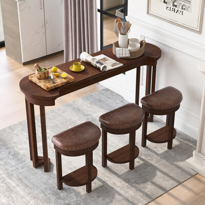 Red Barrel Studio Contemporary 4 Piece Bar Table Set with3 PU Upholstered Bar Stools Breakfast Table with 3 Padded Stools Solid Wood Counter Height Dining Table Set fo