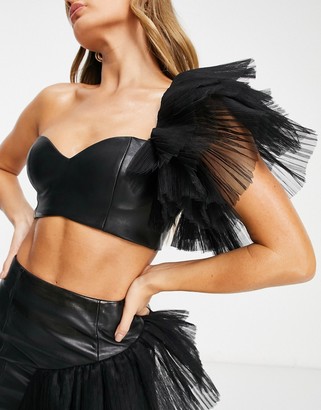 ASOS Luxe leather look bandeau tulle top in black