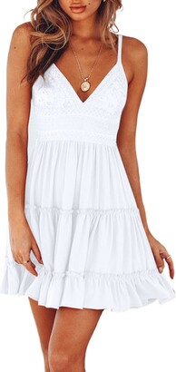 Women Lace Slip Dress V Neck Spaghetti Strap Crochet Lace Sleeveless Summer  Mini Dress White 