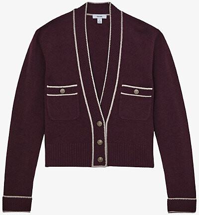 Reiss Womens Burgundy Neutral Eloise Contrast-Tipping Wool and Cashmere-Blend Cardigan L