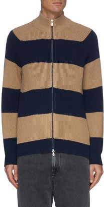 Brunello Cucinelli Zip Front Stripe Cotton Knit Cardigan
