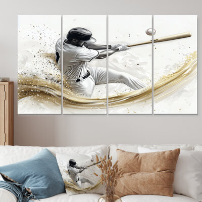 Lark Manor Minimal Black And White Baseball Swing IV - Sport Baseball Canvas Wall Art Set