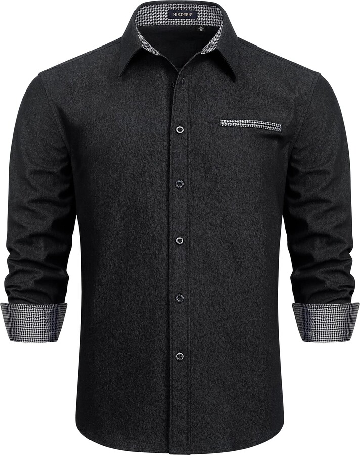 HISDERN Black Casual Shirts for Men Long Sleeve Denim Shirt Button Down