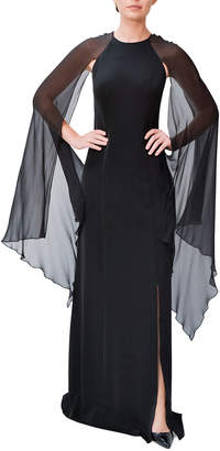 Mikael Aghal Crepe Slit Gown w/ Chiffon Sleeve Detail