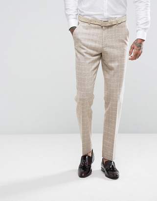 ASOS Design Wedding Tapered Suit Trouser In Oatmeal Wool Mix Grid Check