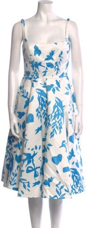 Emilia Wickstead A-Line Dress White Floral Print Sleeveless with Square Neckline Concealed Zip Closure at Back