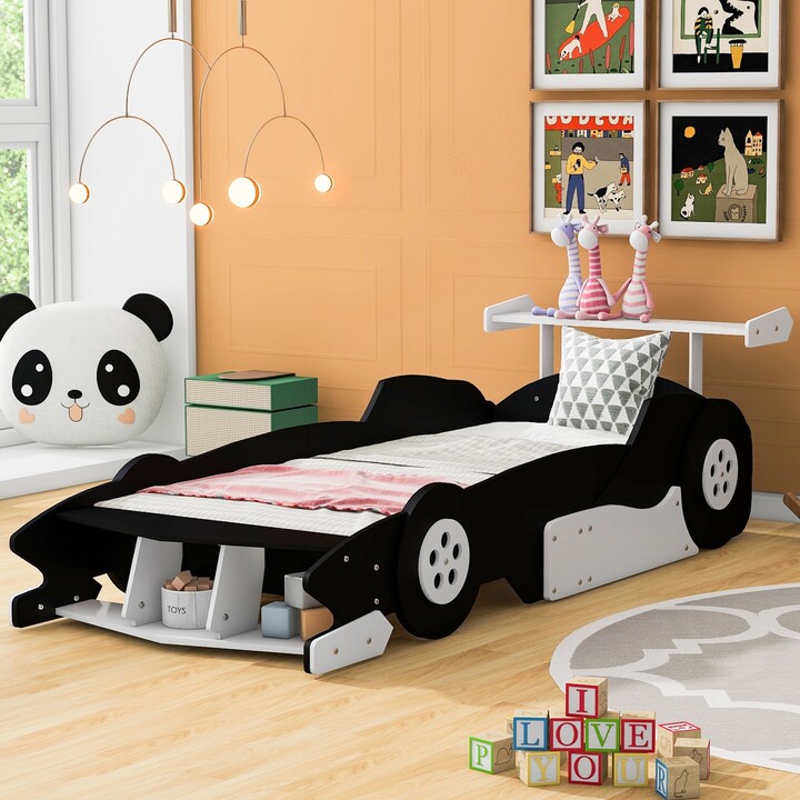 RASOO Black Cool Pine Wood Race Car Platform Bed with Rear Wing and ...