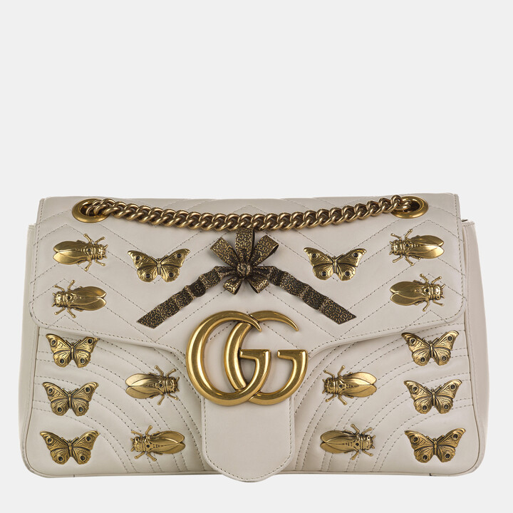 Gucci White Calfskin Matelasse Animal Studs GG Marmont Dome