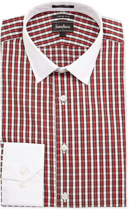 Neiman Marcus Trim-Fit Plaid Dress Shirt, Red/White