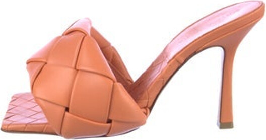 Bottega Veneta Leather Slides Orange Intrecciato Weave Designer