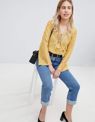 New Look Tie Front Long Sleeve Lace Top