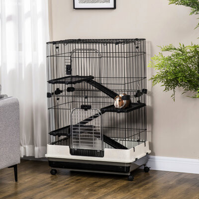 Kivaritio Metal Small Animal Cage With Movable Wheels, Black. Fit For Rabbit, Chinchilla, Ferret. Includes Removable Hygiene Tray. 32"l X 20.75"w 43.25"h 4-leve
