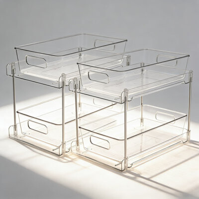 Wrought Studio 2-Tier Pull-Out Under Sink Organizer, Clear Bathroom And Kitchen Cabinet Storage Drawer With Slide-Out Tracks, 2-Pack