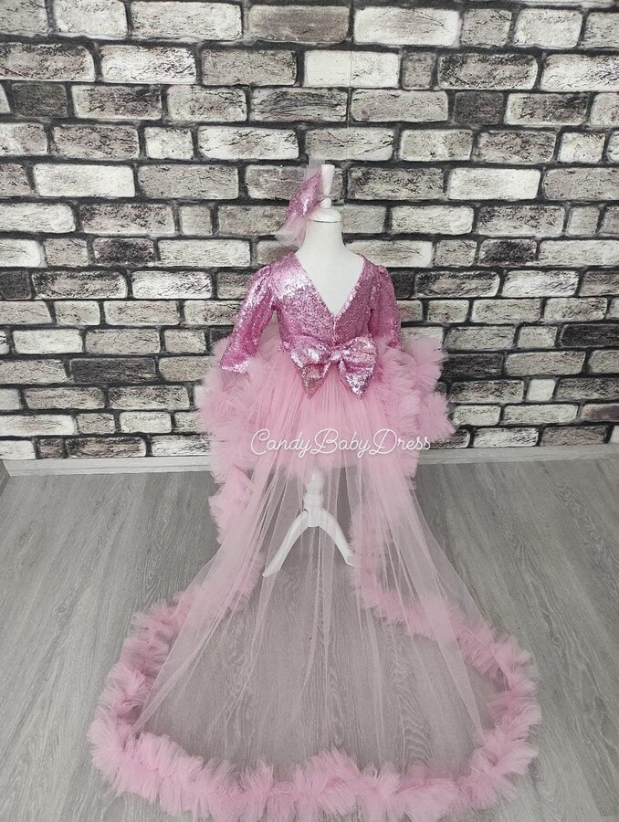 Detachable Long Tail Dress, Pink Princess Costume Toddler Girl Costume, Sequin Outfit, First Birthday Outfit, Baby Girls Tutu