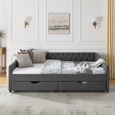 Queen Size Daybed With Drawers, Upholstered Tufted Sofa Bed With Tufted Back, Day Bed