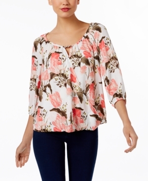 INC International Concepts Petite Floral-Print Surplice Peasant Top, Created for Macy's