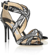 Thumbnail for your product : Jimmy Choo Lottie patent-leather and woven faux-raffia sandals