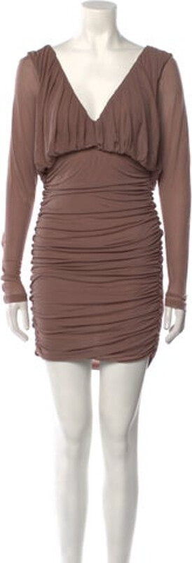 Saint Laurent Sheath Dress From the 2022 Collection by Anthony Vaccarello Neutrals Ruffle Embellishment Long Sleeve with V-Neck Concealed Zip Closure at Side
