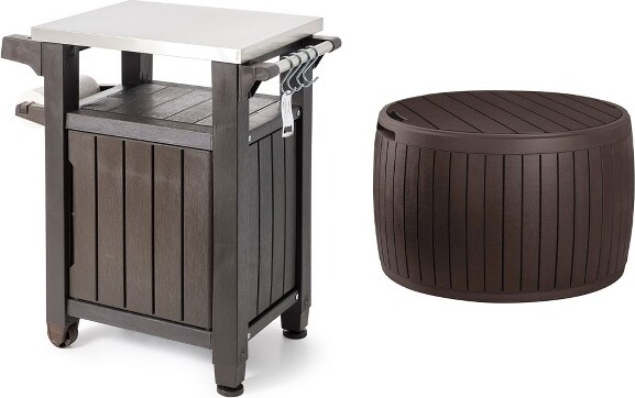 Keter KeterUnity40GallonStainlessSteelTopGrillingBarCartwithCirca37GallonRoundDeckBoxMultipurposeStorageTableandSeating,Brown