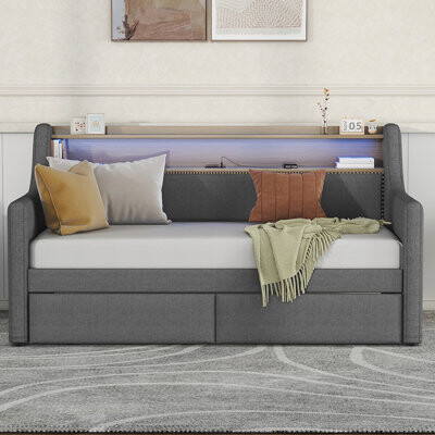 Twin Size Daybed with Storage Drawers, Upholstered with Charging Station and LED Lights