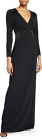 Thumbnail for your product : Halston V-Neck Long-Sleeve Crepe Gown with Embroidered Shoulder Insets