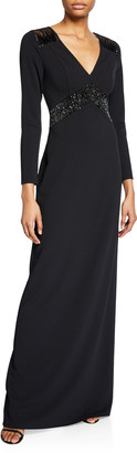 Halston V-Neck Long-Sleeve Crepe Gown with Embroidered Shoulder Insets