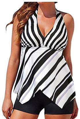 Dreamsoar Womens Plus Size Stripes Halter Top Two Pieces Tankini swimwear Whi L