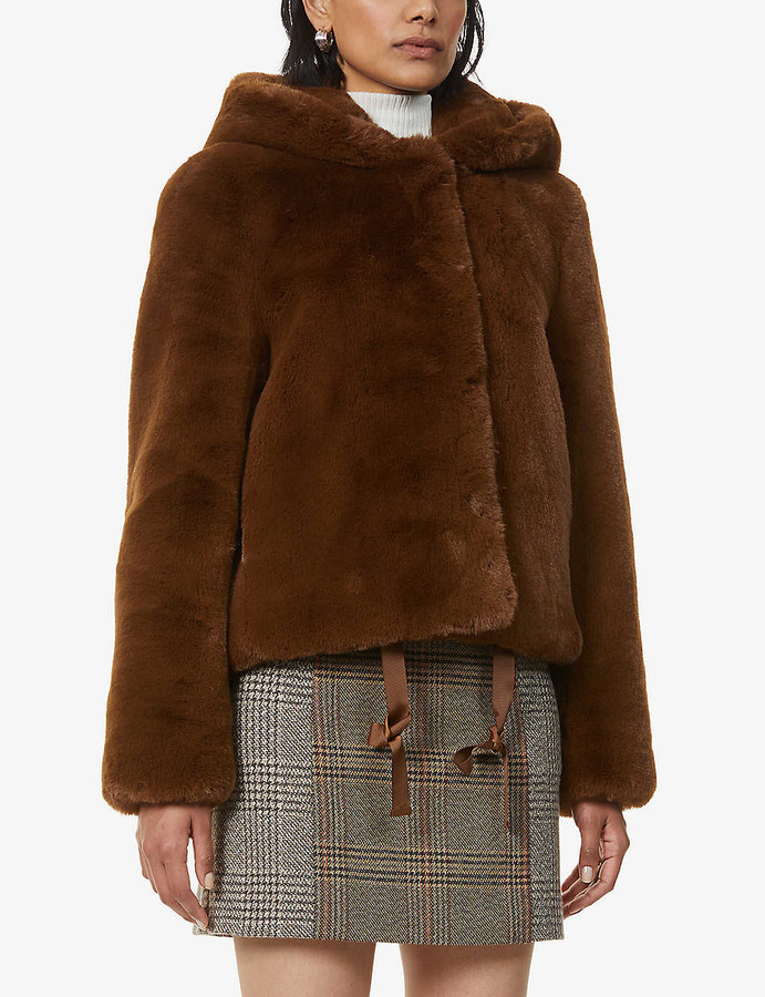 brown hooded faux fur jacket