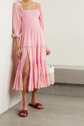 LoveShackFancy Capri Tiered Shirred Floral-print Cotton-voile Midi Dress - Pink